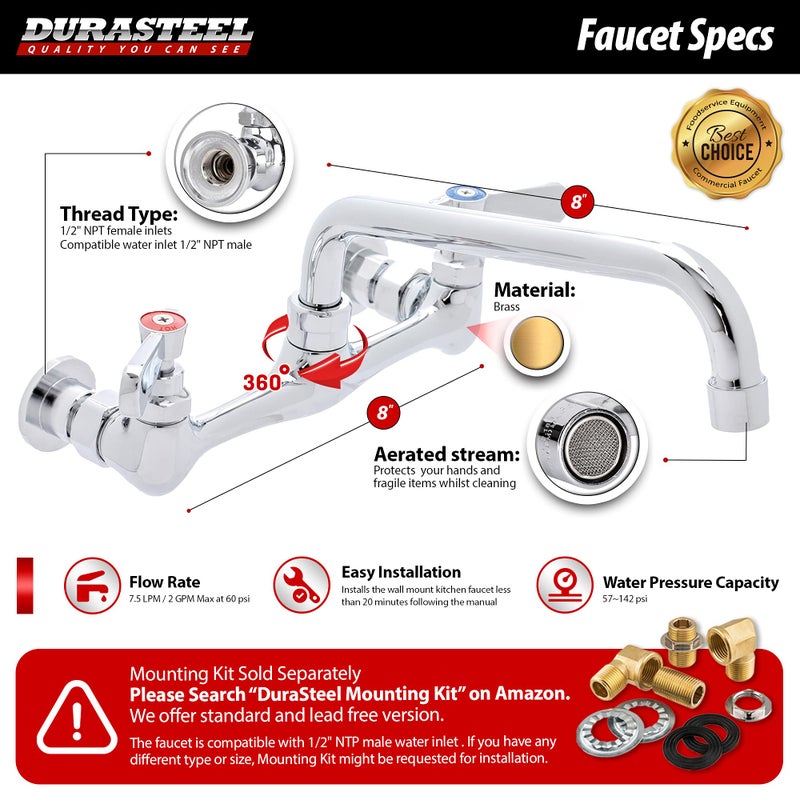 DuraSteel Commercial Sink Faucet - 8â€ Center Commercial Wall Mount Faucet Kitchen w/ 8 Inch Swivel Spout - Lever Handle - Industrial Restaurant Kitchen Utility Prep 3 Compartment Sink Mounted Faucets - Image 5